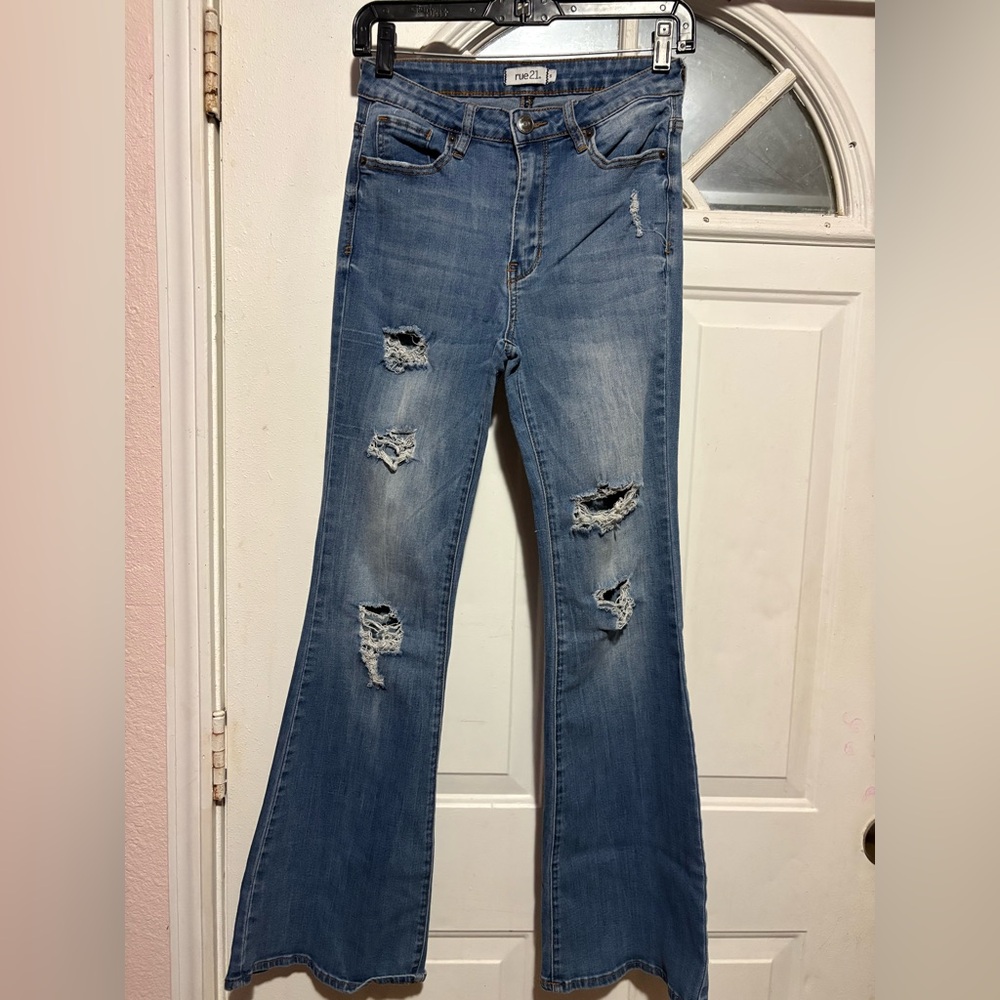 Rue21 Distressed Medium Blue Flare Jeans